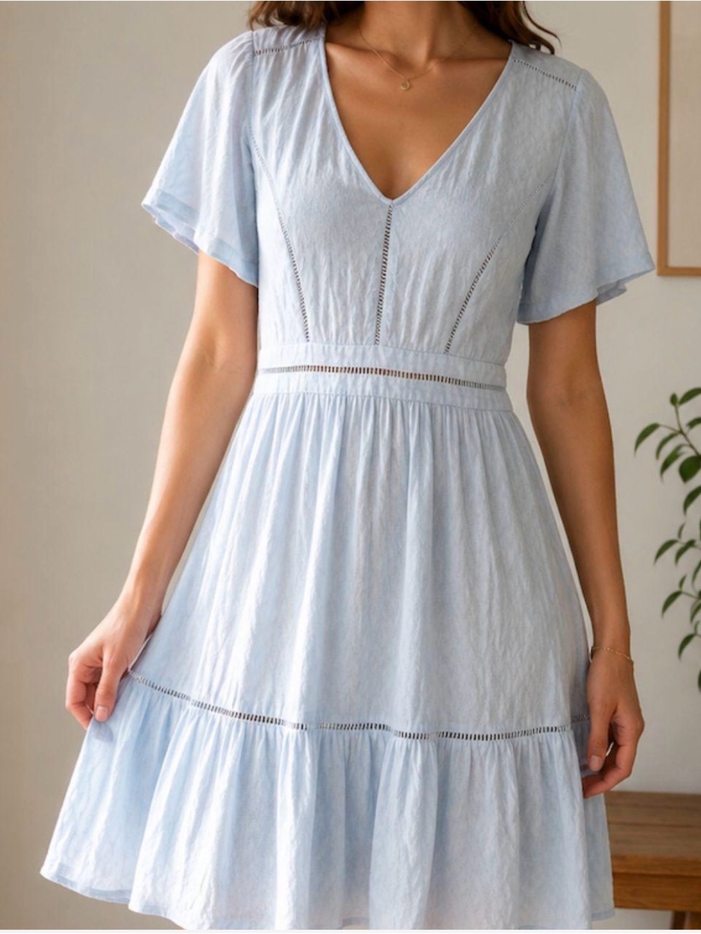 Suncoo Paris Light Blue V-Neck Tiered Mini Dress
